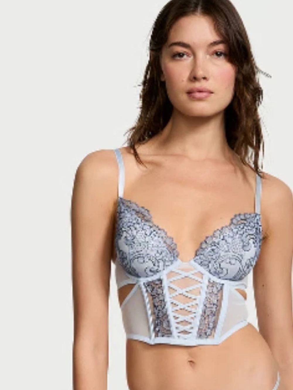 NWT Victoria’s Secret Floral Embroidered Lace Corset Top & Thong - Light Blue M